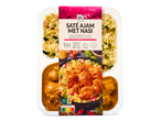 Kant-en-klare maaltijd met saté ajam en nasi, inclusief bereidingsinstructies en Nutri-Score.