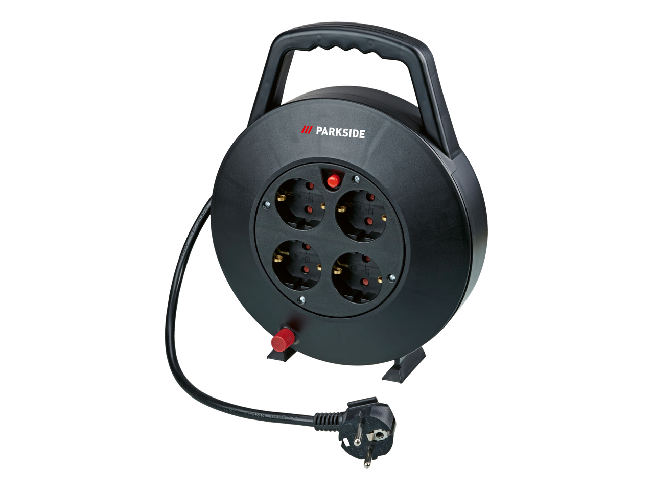 Crni produžni kabel s četiri utičnice i ručkom, s crvenim gumbima i utikačem.