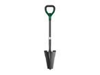 A black and green digging shovel with a serrated edge and a D-handle.