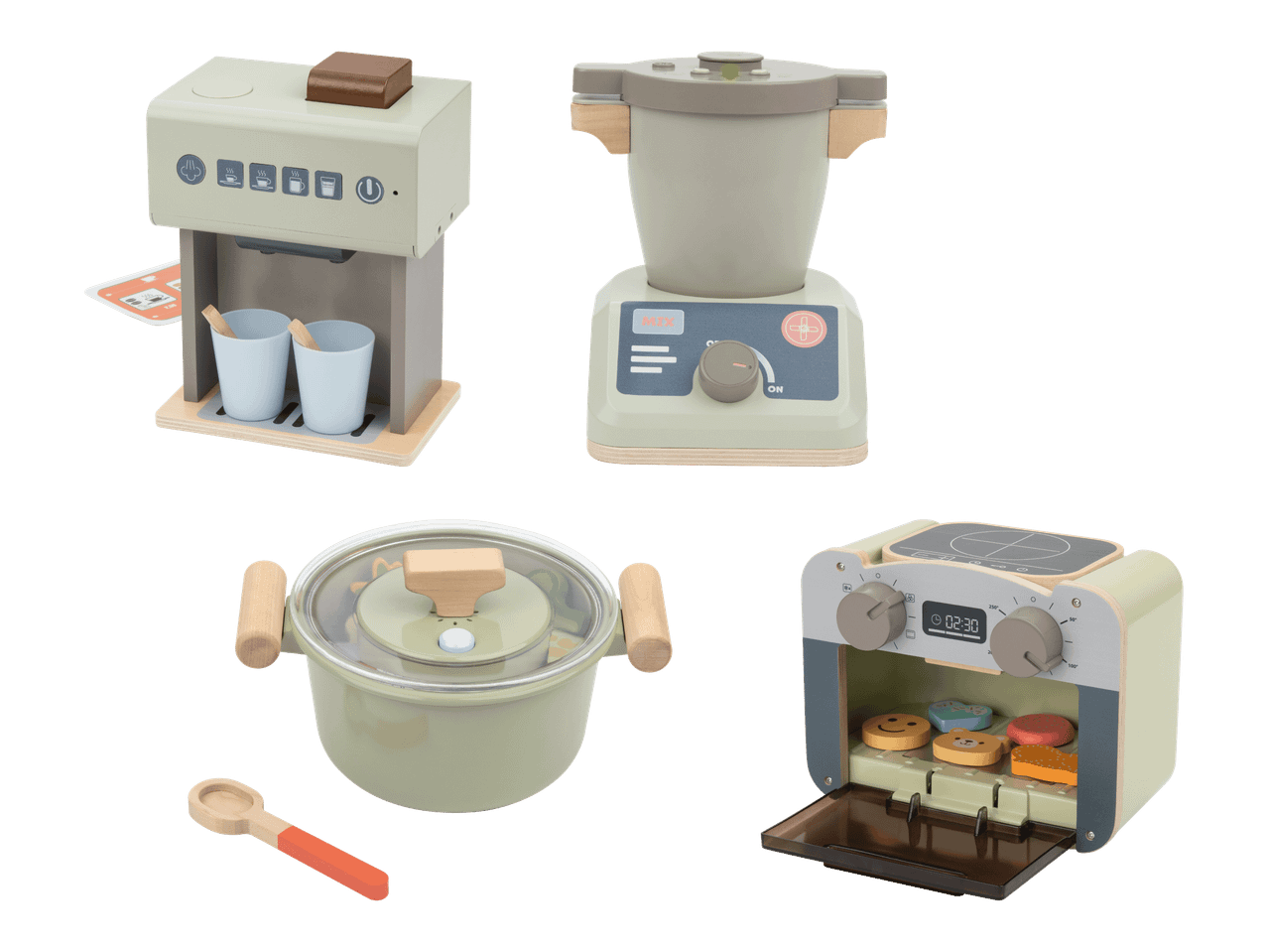 Puinen leikkisetti, jossa on kahvinkeitin, tehosekoitin, kattila ja uuni.