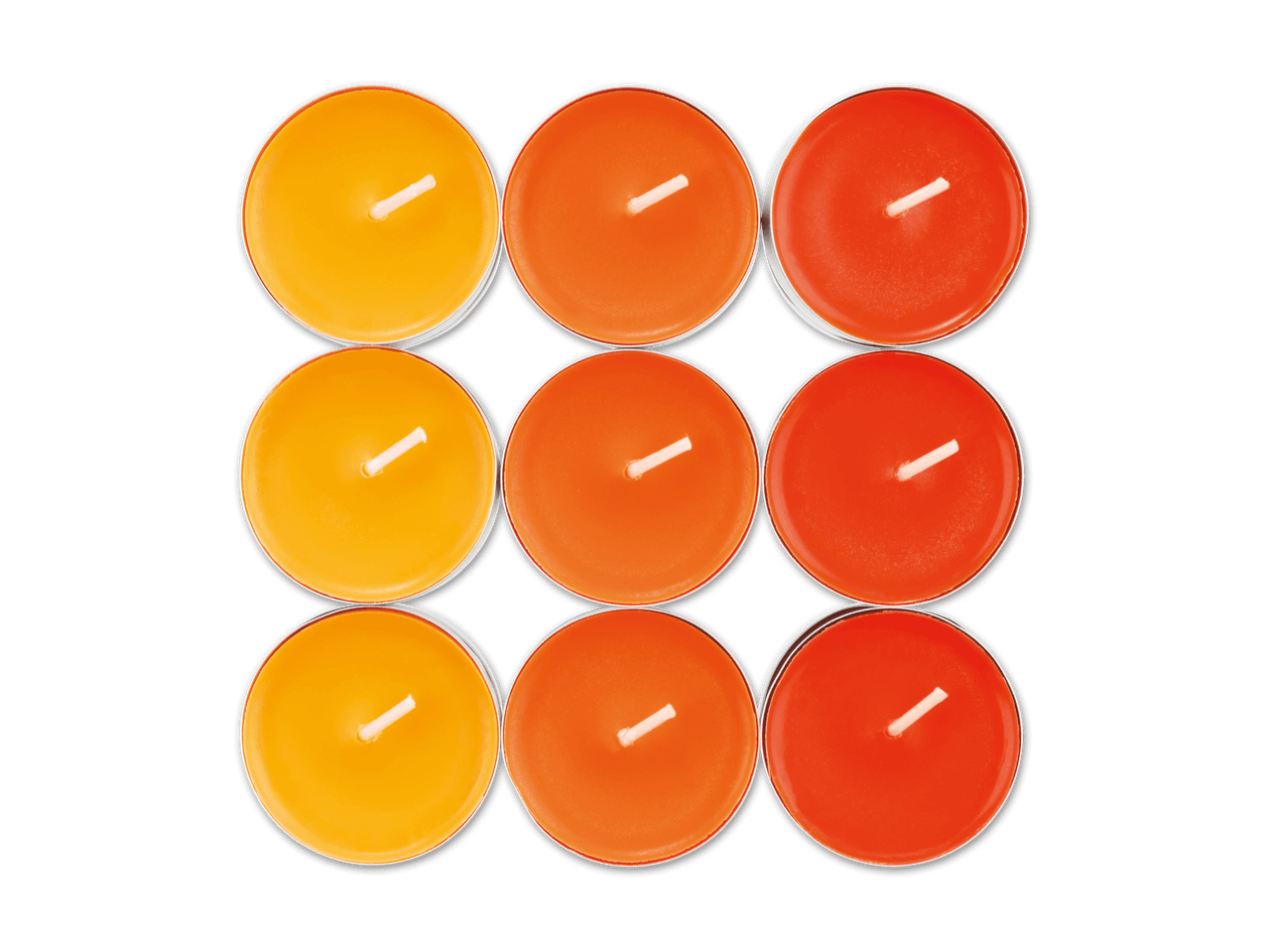 Neun Teelichter in drei Reihen, von gelb über orange bis rot.