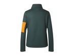 Back view of a dark-green women's zip-up fleece jacket with an orange panel on the left sleeve.