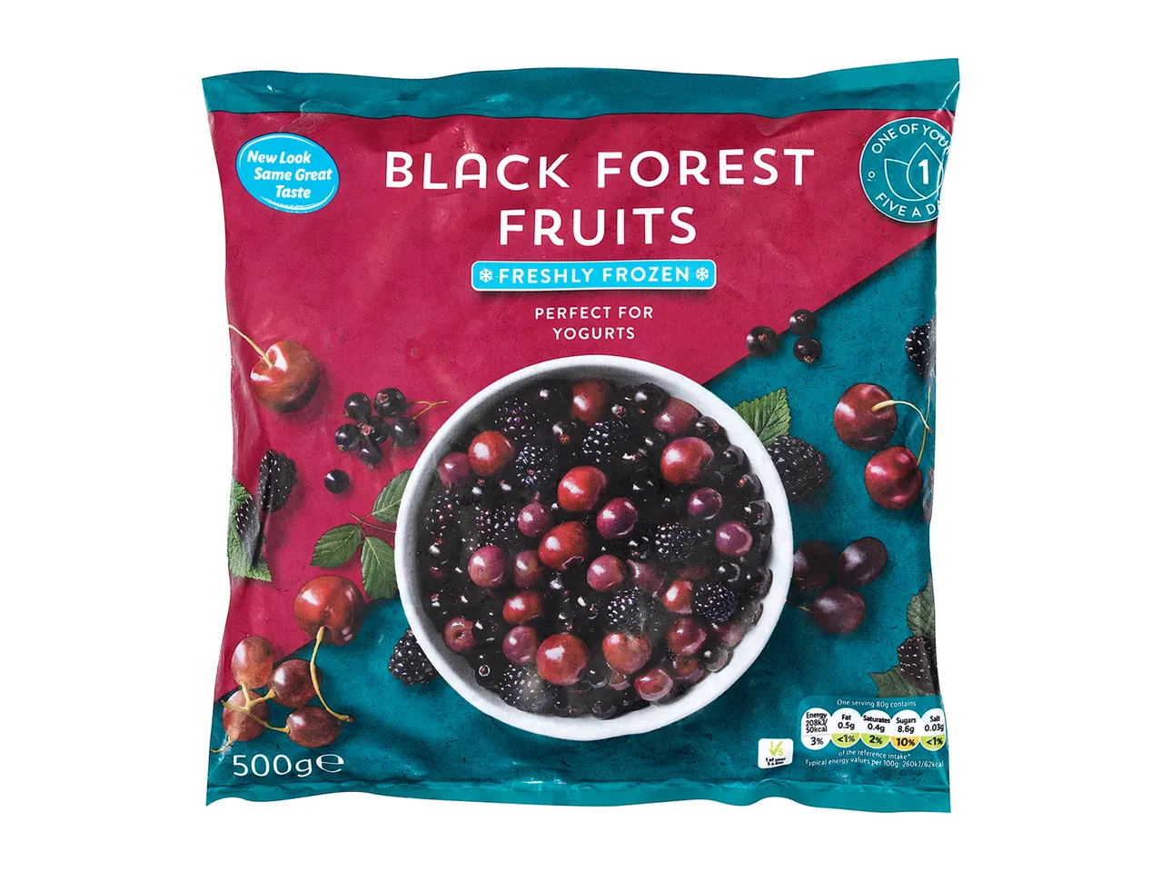 500g Black Forest frozen fruits: cherries, blackberries and blackcurrants, perfect for yogurt.