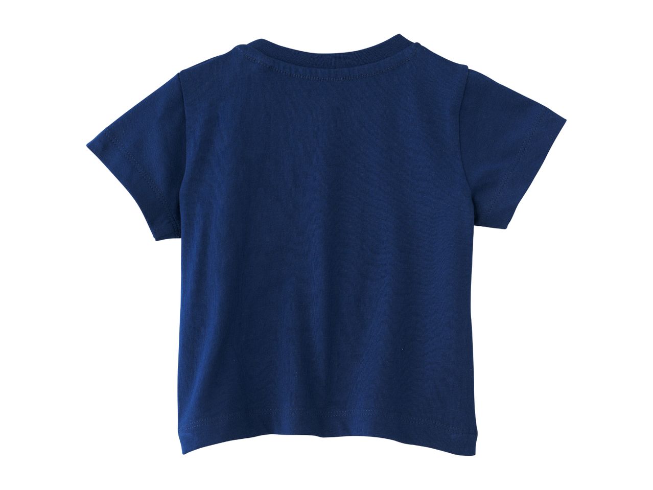 Back view of a plain navy blue short-sleeved children's t-shirt.