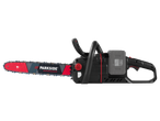 Cordless chainsaw with a red and black guide bar, battery pack, and ergonomic handles.