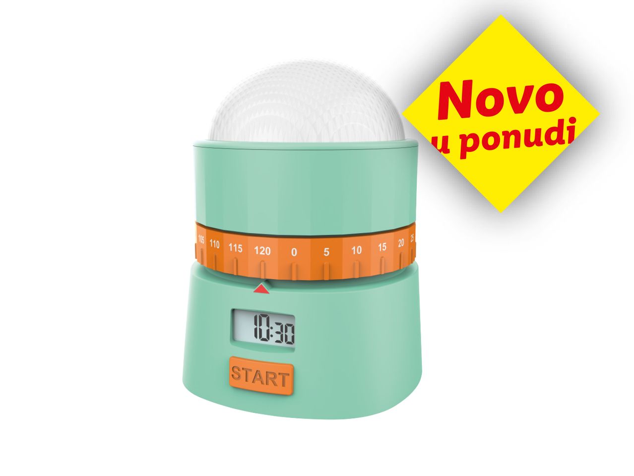 Zeleni kuhinjski mjerač vremena s digitalnim zaslonom i natpisom 'Novo u ponudi'.