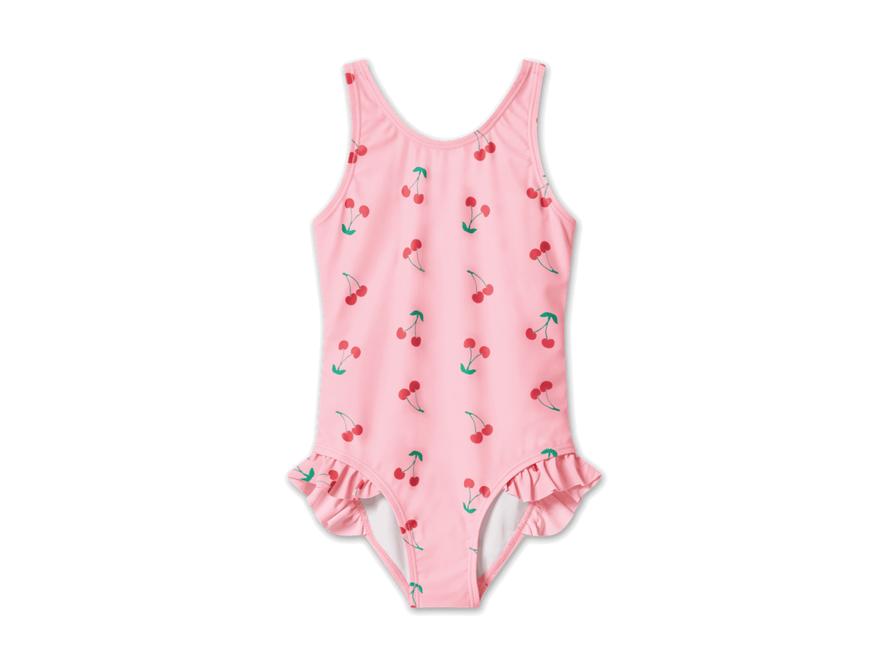 Rosa Badeanzug für Kinder mit Kirschmuster und Rüschen.