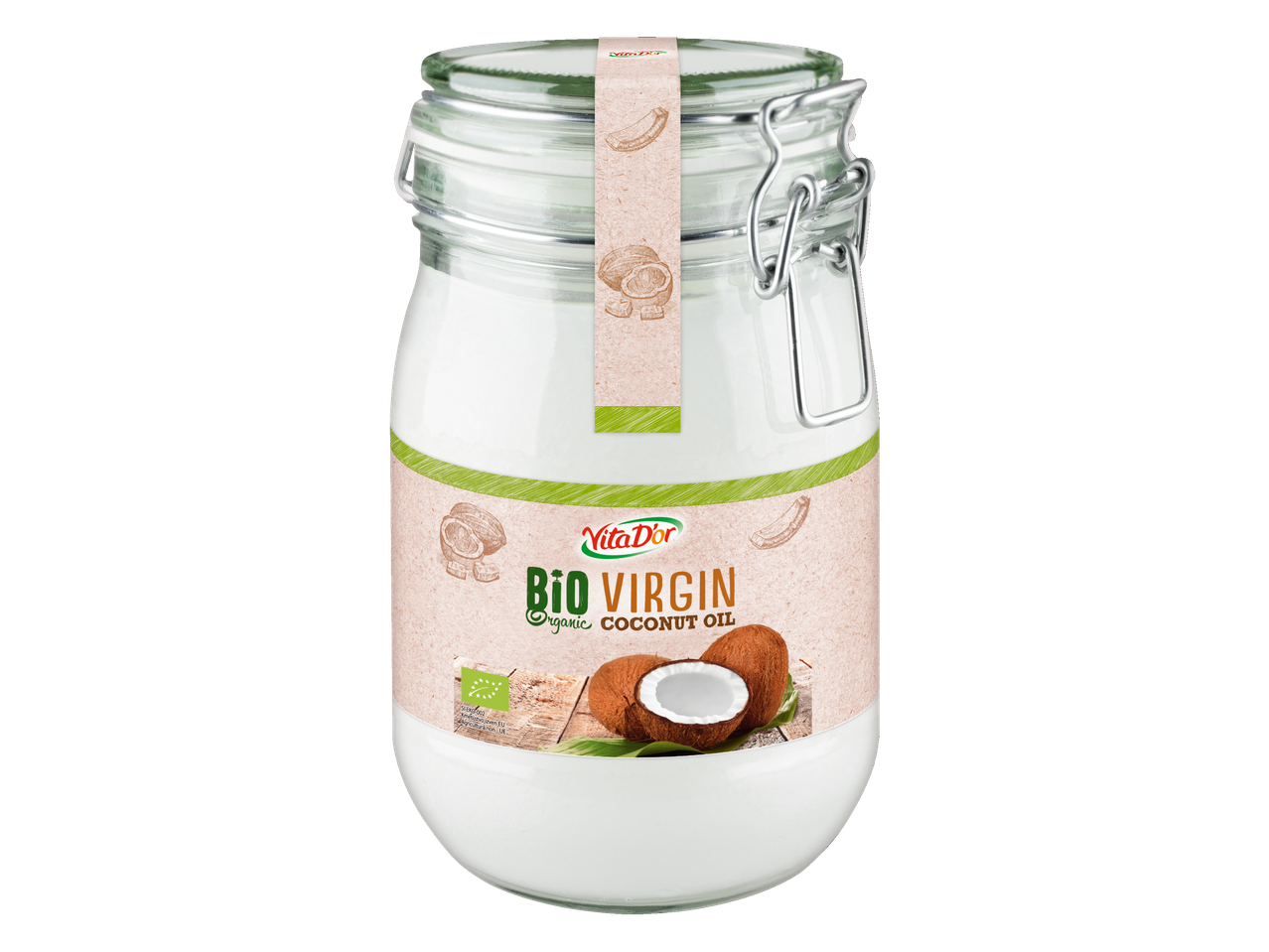 Ulei de cocos virgin Vita D'or Bio într-un borcan de sticlă.