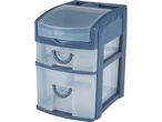 A three-drawer plastic storage unit with a translucent top drawer.