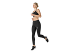 Mulher a correr com leggings de corrida e sutiã desportivo pretos CRIVIT®