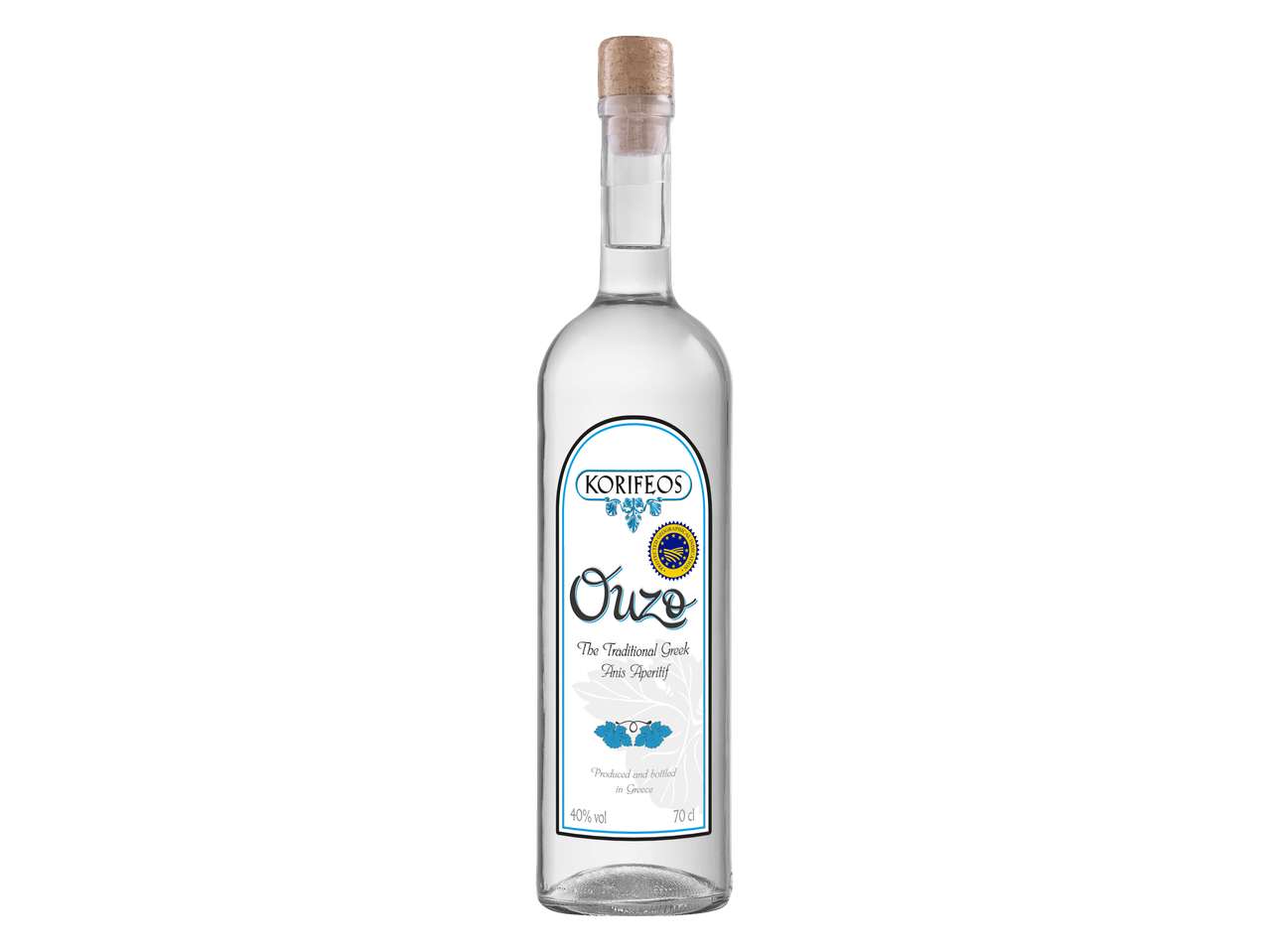Korifeos Ouzo : apéritif anisé grec traditionnel.