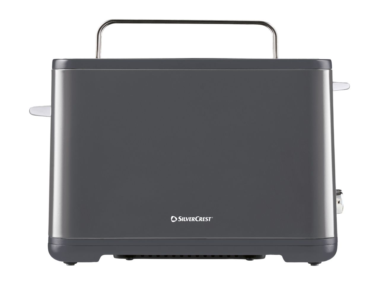 A dark grey SilverCrest toaster with a chrome handle on a white background.