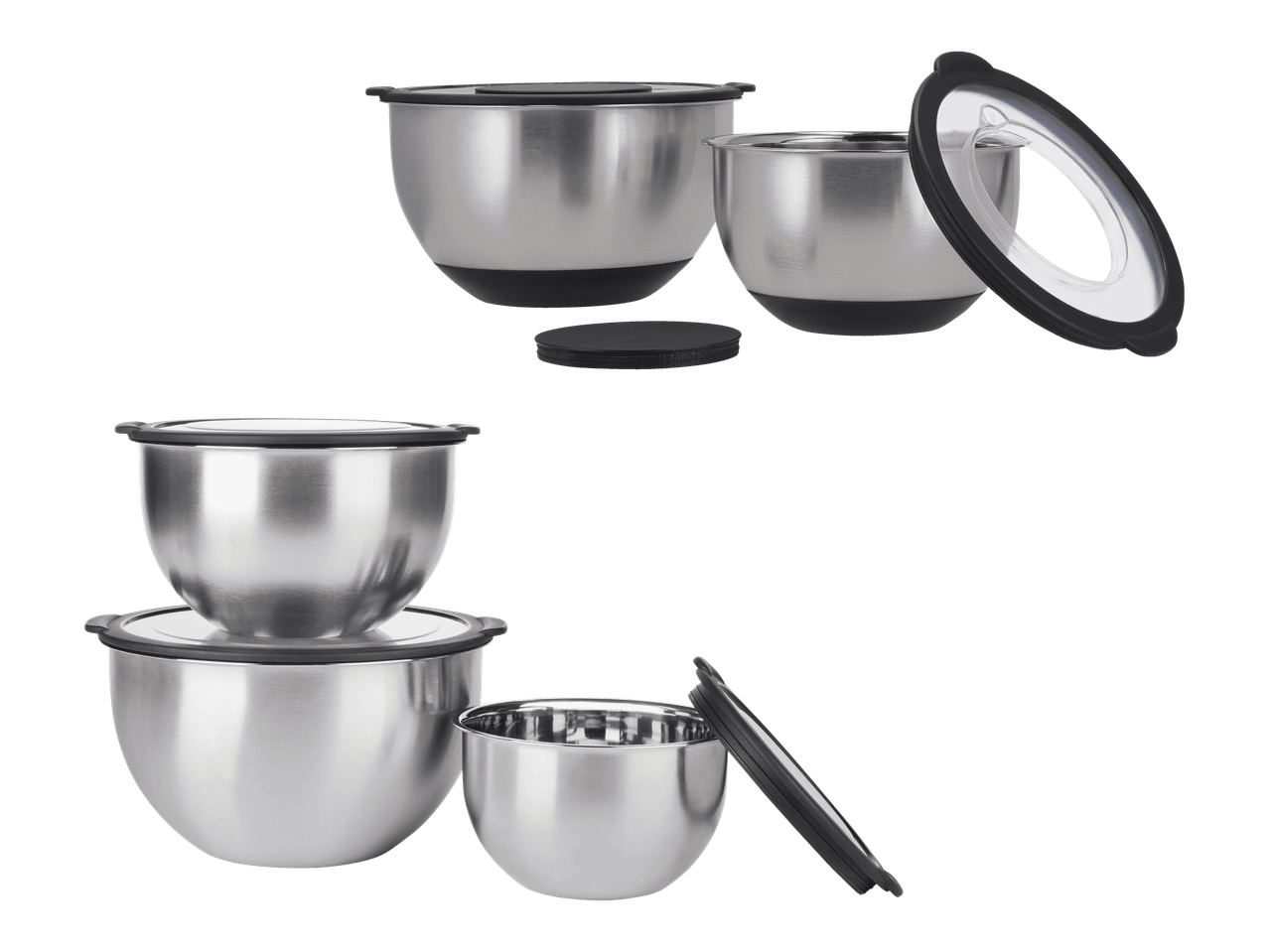 Ruostumattomasta teräksestä valmistettuja sekoituskulhoja mustilla kansilla ja pohjilla.