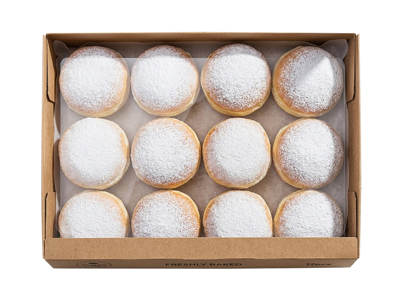 Dėžutė su 12 spurgyčių su vaisių įdaru, pabarstytų cukraus pudra.