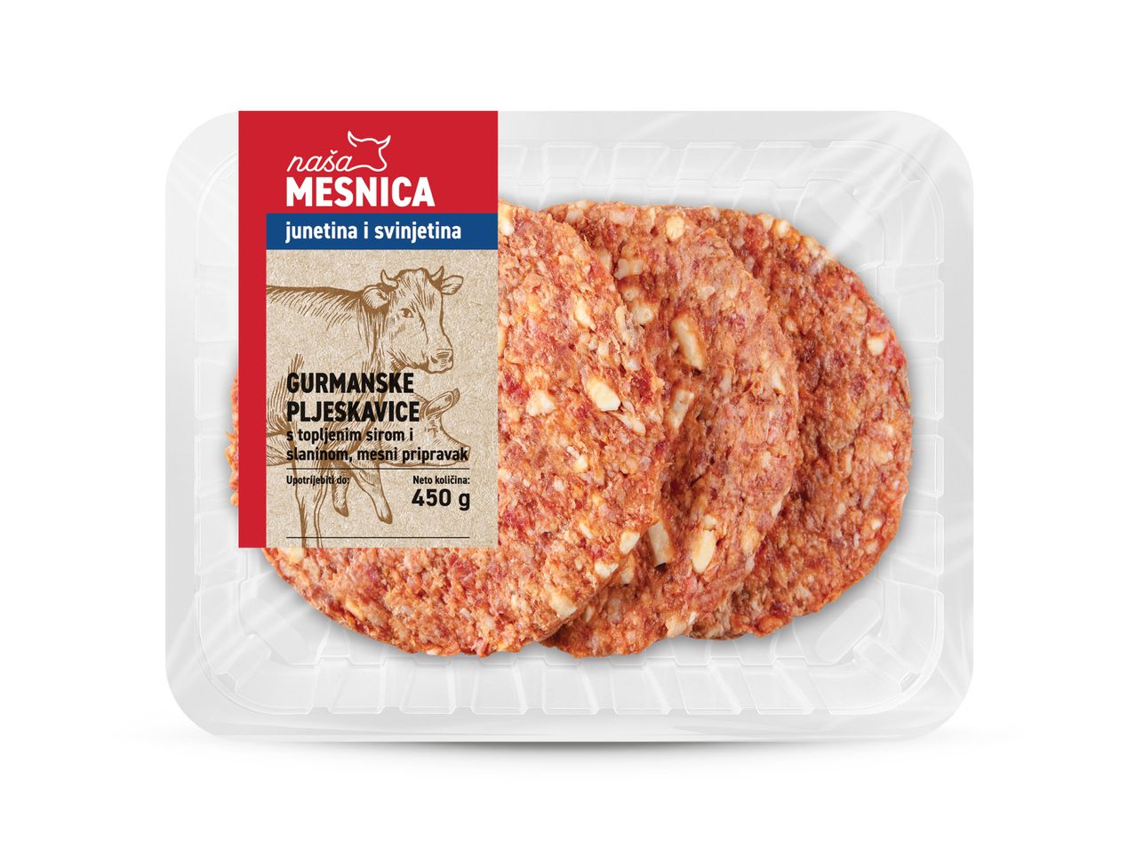 Pakiranje gurmanskih pljeskavica od junetine i svinjetine s topljenim sirom i slaninom, 450 g.