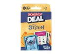 Monopoly Deal card game featuring Disney's Stitch, with cards showing Stitch and game details.