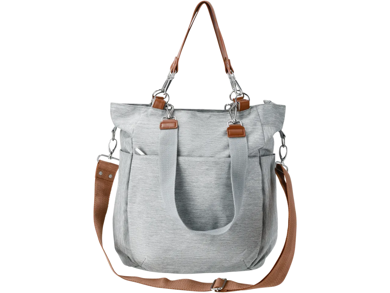 Lupilu changing backpack/bag in light gray with brown straps and silver hardware.