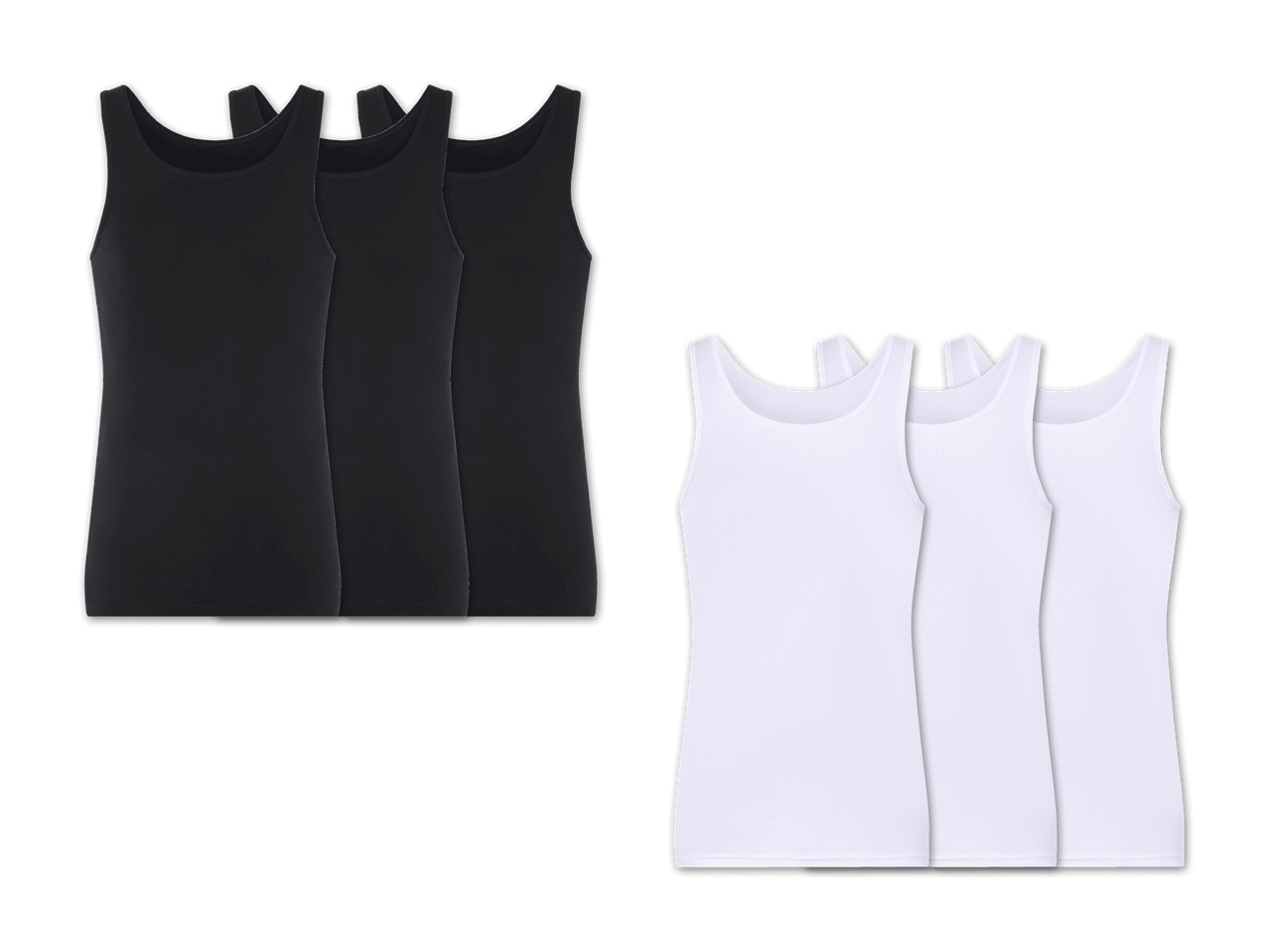 Drei schwarze und drei weiße Tanktops liegen nebeneinander.