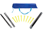 Blue tent bag with poles and yellow pegs for camping.