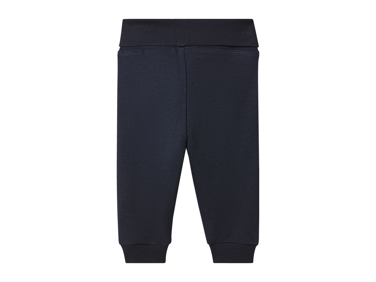 Dark blue baby sweatpants with an elastic waistband and ribbed cuffs.