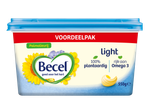 Kuipje margarine met de tekst 'voordeelpakket', 'palmolievrij', 'light', '100% plantaardig', 'rijk aan Omega 3' en '550g'.