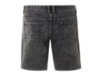 Dark gray denim shorts with back pockets.