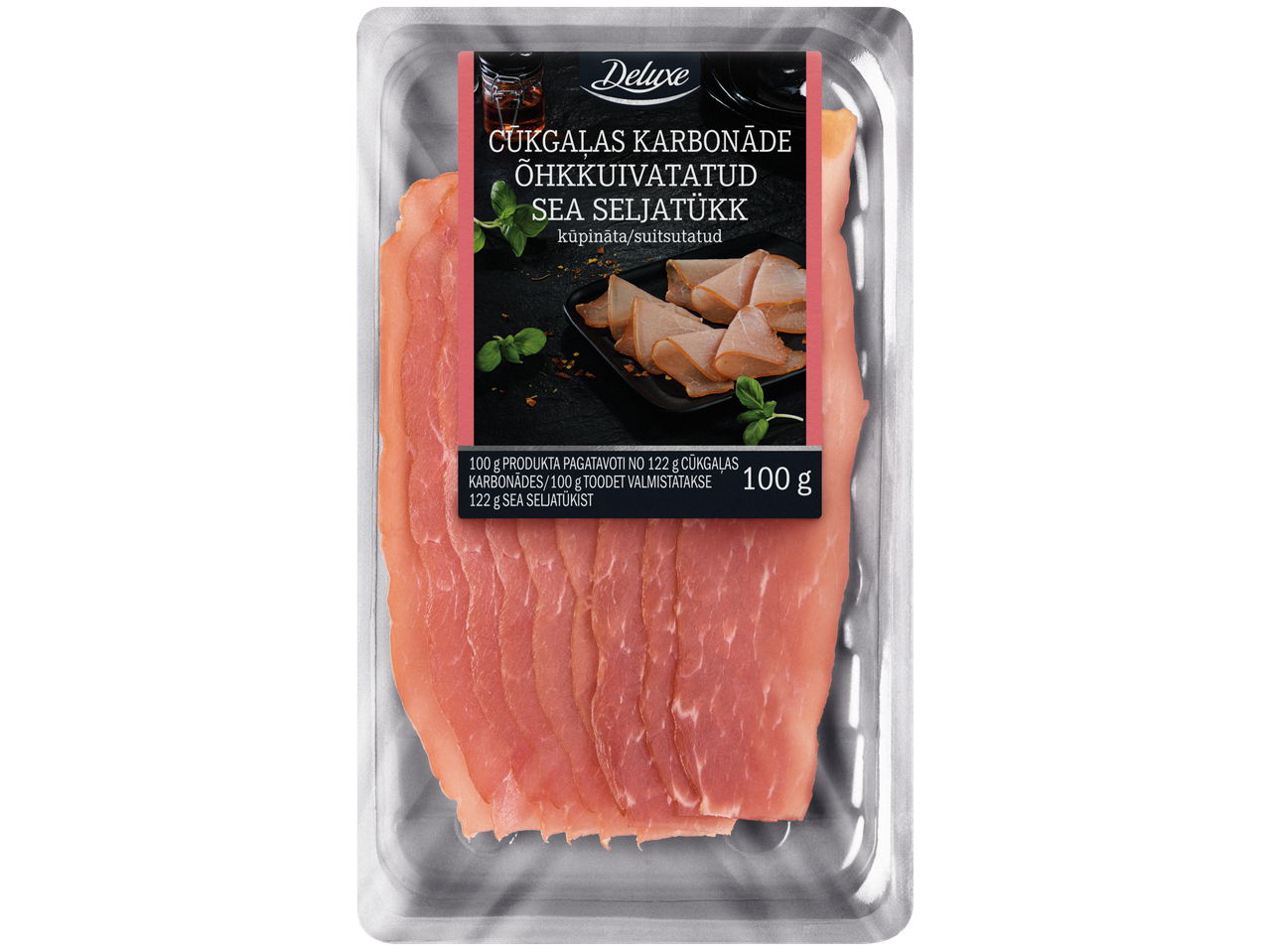 Deluxe kūpinātas cūkgaļas karbonādes šķēles iepakojumā, 100g.