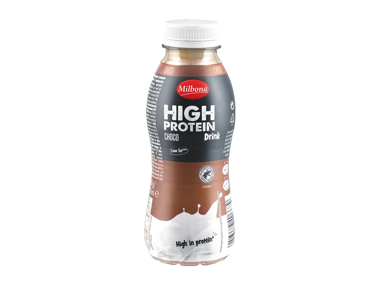 Milbona High Protein chocolate drink, high in protein.