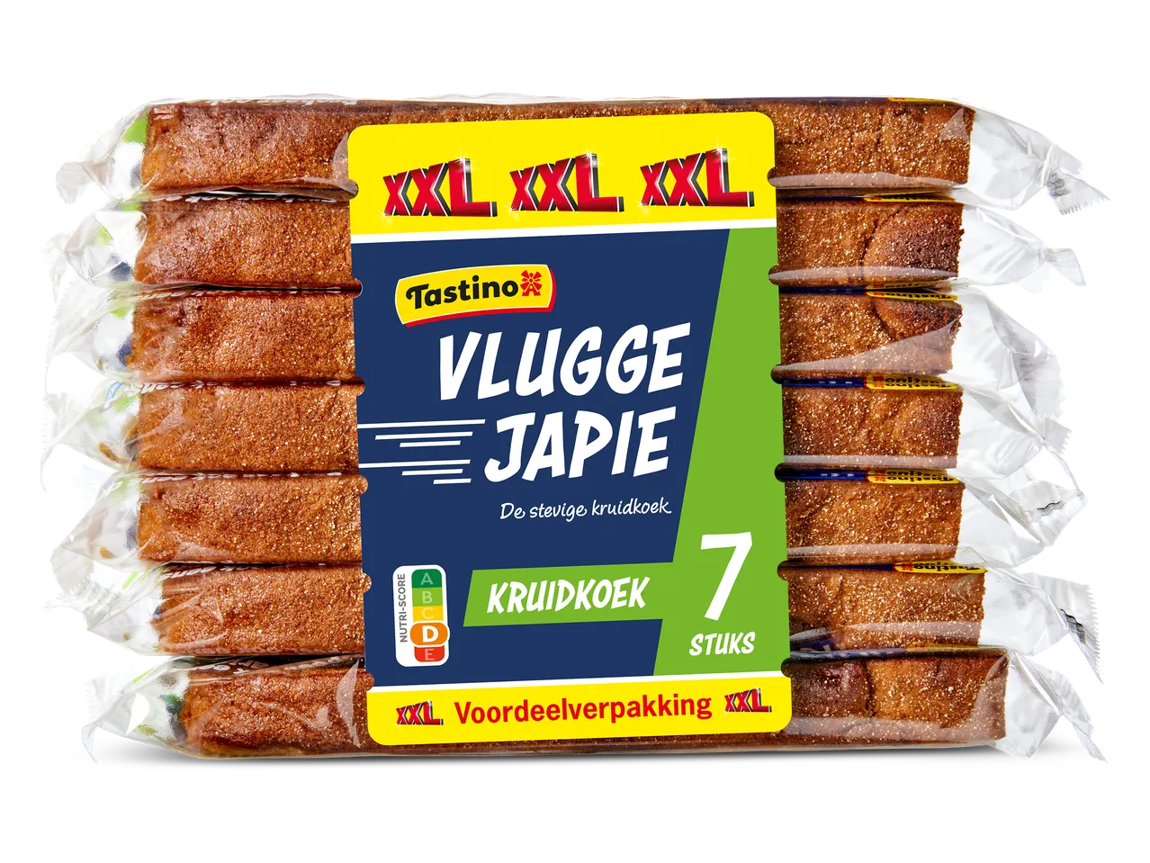 Verpakking met 7 stuks kruidkoek, met de tekst 'Vlugge Japie' en Nutri-Score D.