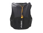 Black running vest with orange elastic cords and a white logo