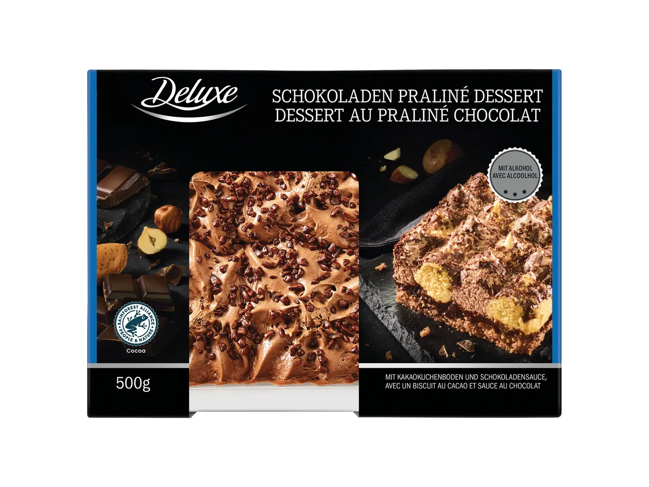 Dessert praliné au chocolat avec un biscuit au cacao et une sauce au chocolat, 500g.
