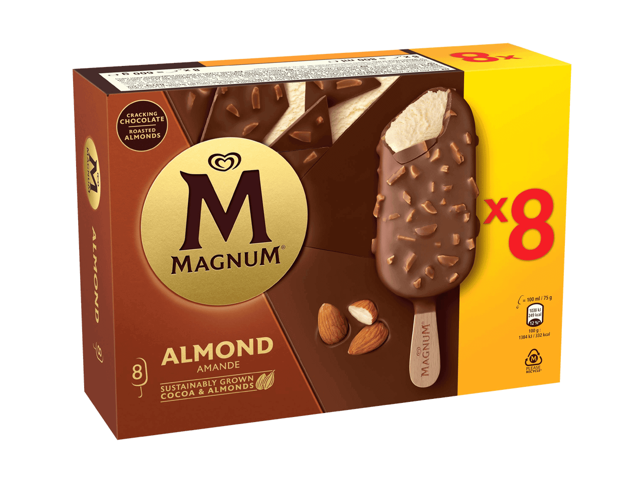 Packung Mandel-Eis am Stiel mit knackiger Schokolade, 8 Stück und Nährwertangaben.