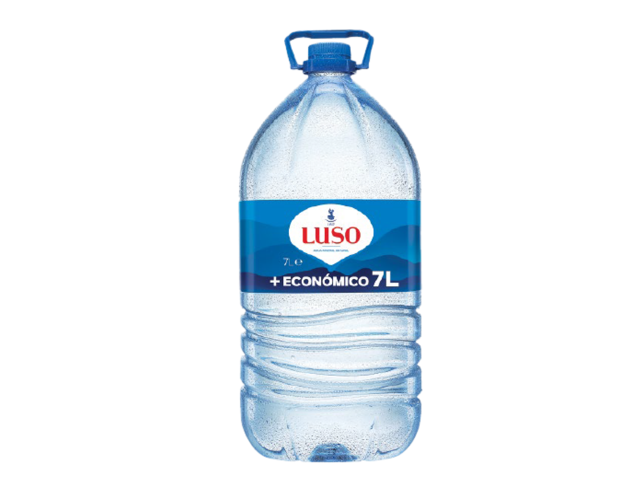 Garrafão de água mineral de 7 litros com rótulo azul e branco, com a inscrição '+ ECONÓMICO 7L'.