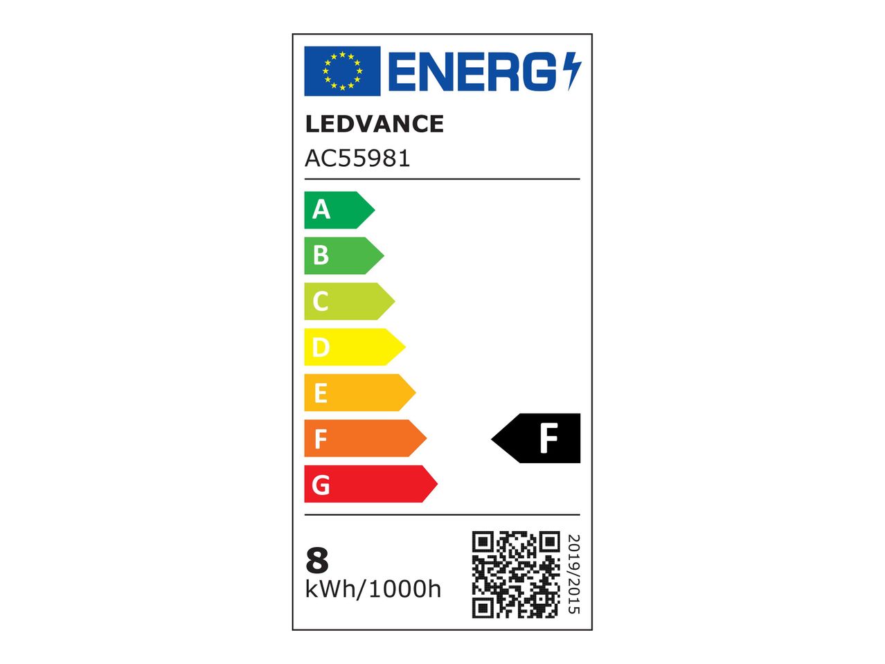 LEDVANCE AC55981 energiacímke, F energiaosztályú besorolással és 8 kWh/1000h fogyasztással.