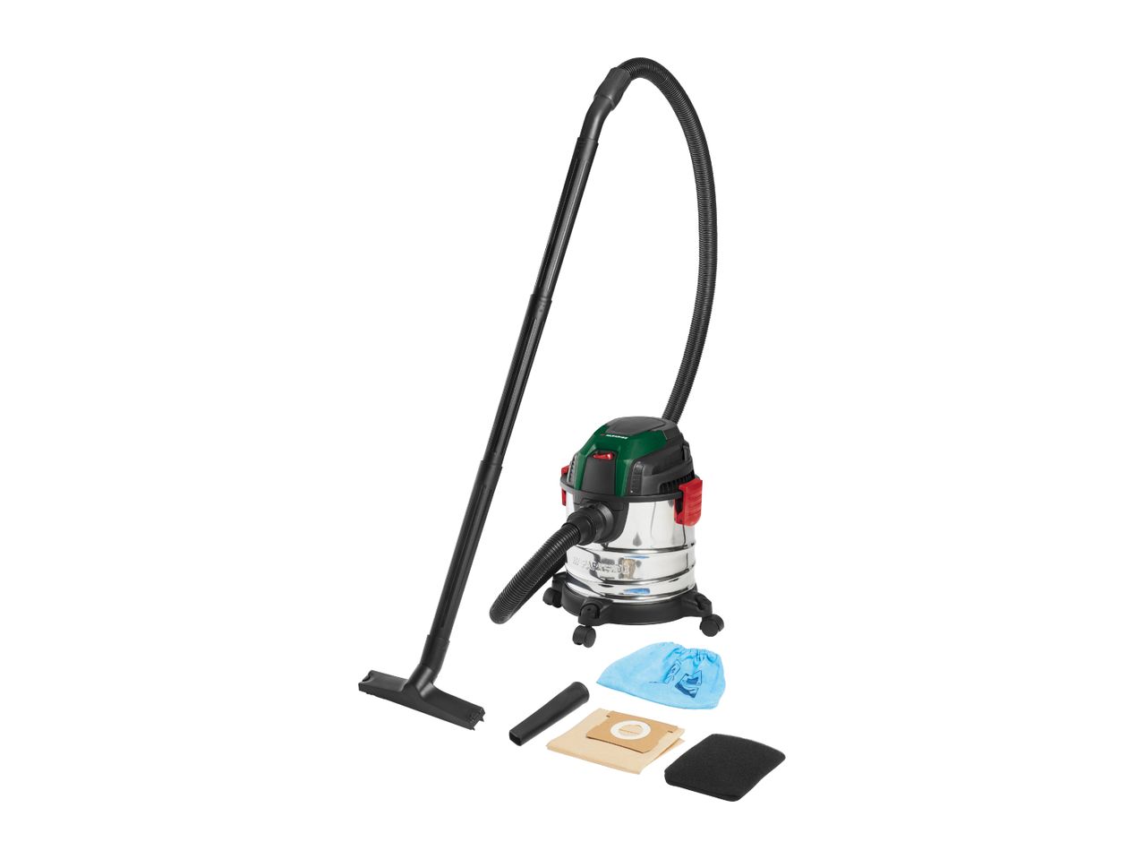 Wet and dry vacuum cleaner with accessories including a floor nozzle, crevice tool, filter bag, and foam filter.
