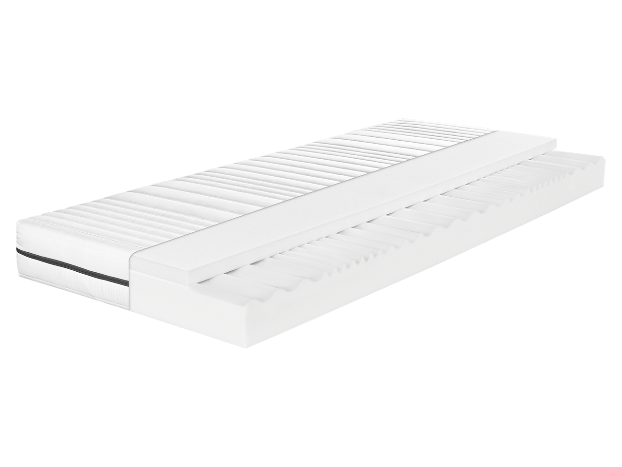 Fehér matrac és matracfeltét, melyek a belső szerkezetet mutatják.