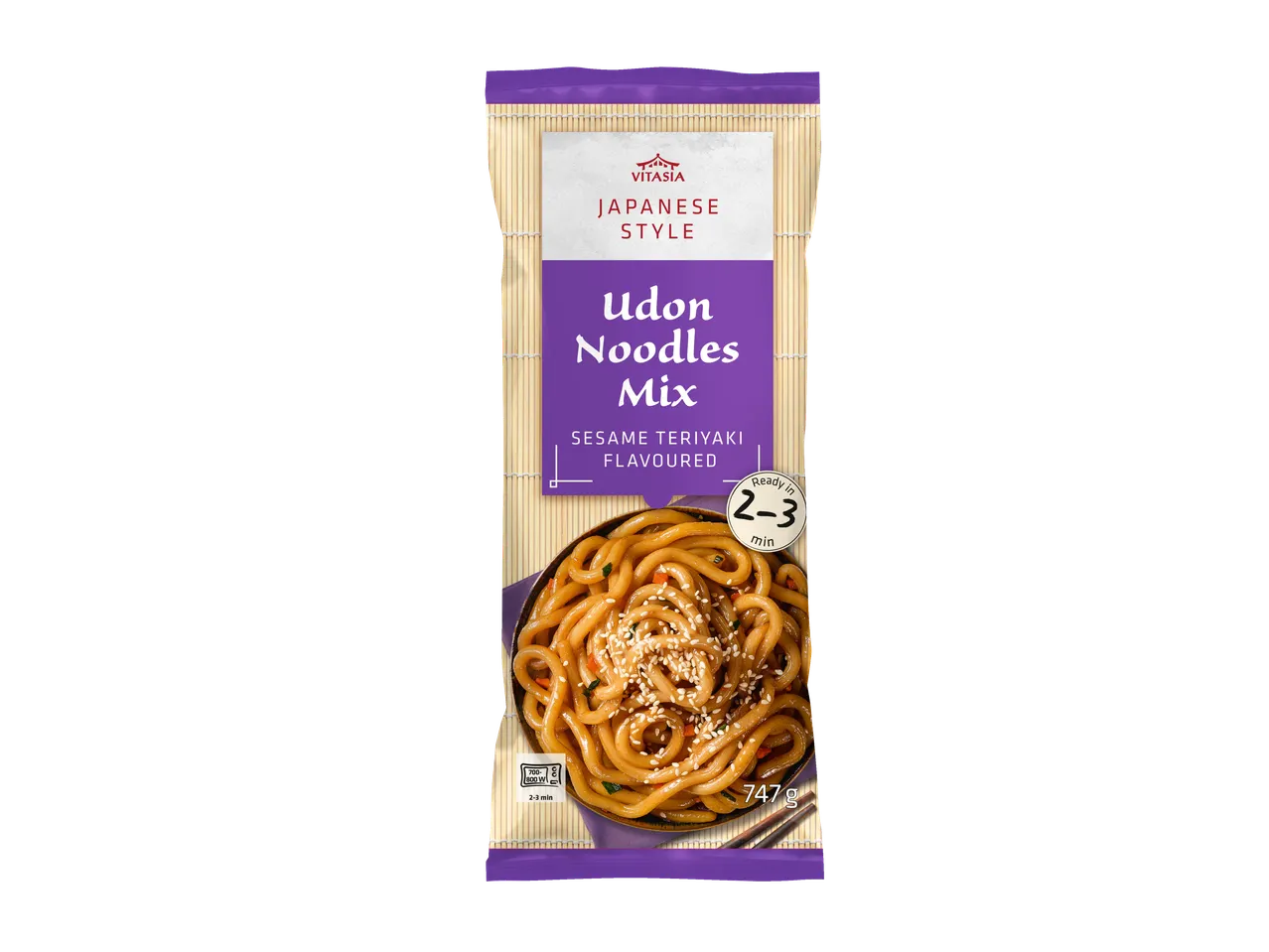 Pachet de mix de tăiței Udon stil japonez Vitasia, cu aromă de susan teriyaki, gata în 2-3 minute.