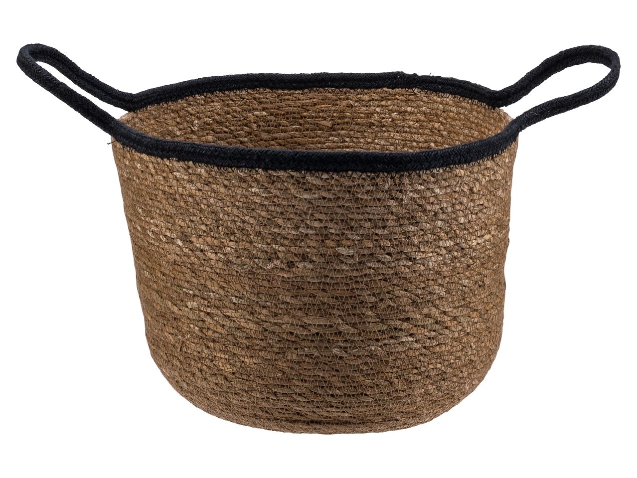 Brown woven basket with black trim and handles