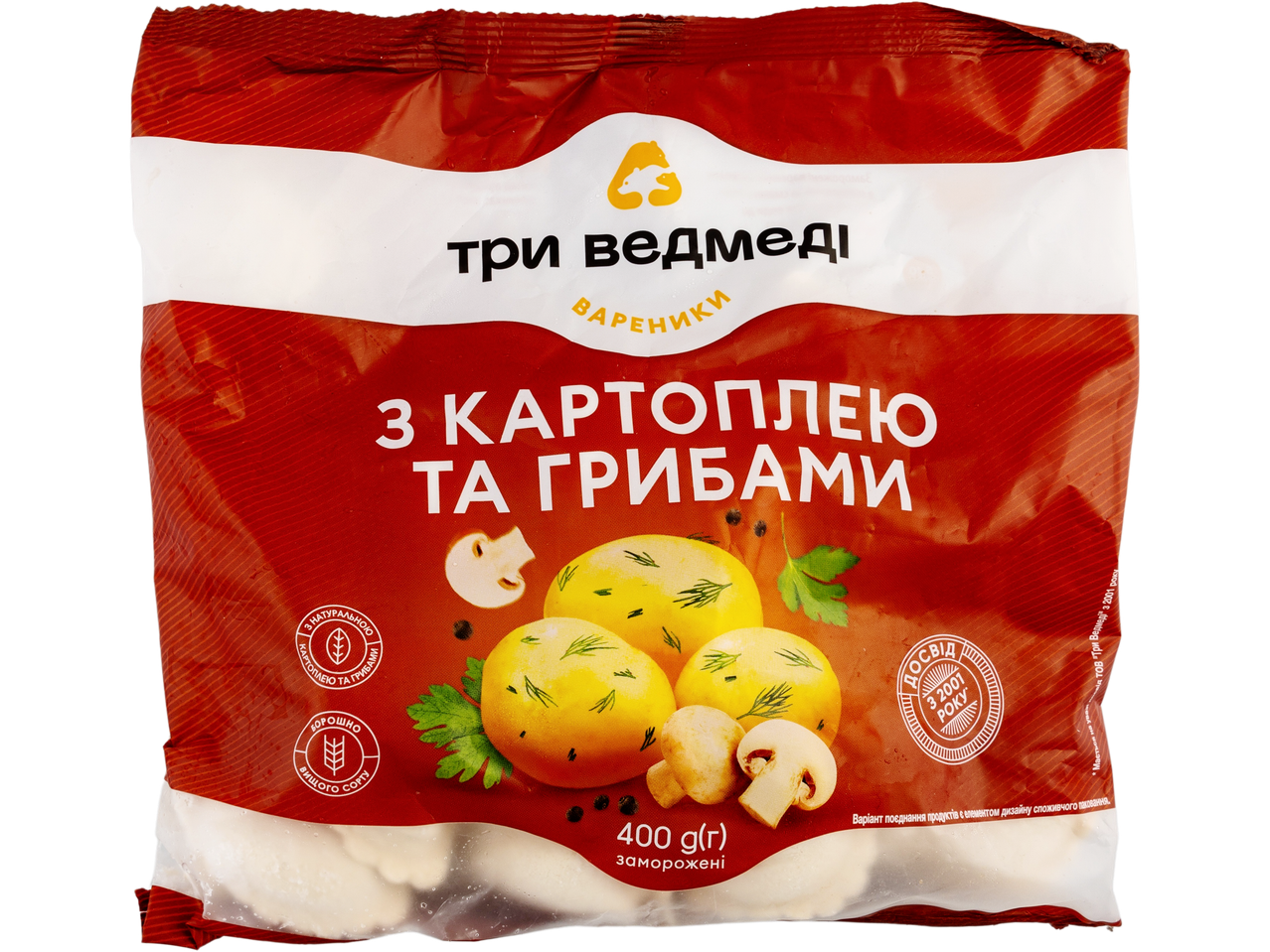Three Bears Vareniki with potatoes and mushrooms, 400g frozen.