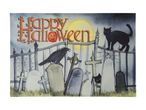 Halloween doormat with a black cat, crow, gravestones, and a full moon.