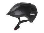 Black bicycle helmet with a visor, ventilation holes, and reflective straps.