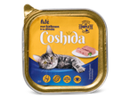 Coshida kattenpaté in een schaal met gouden rand, met kalkoen smaak.