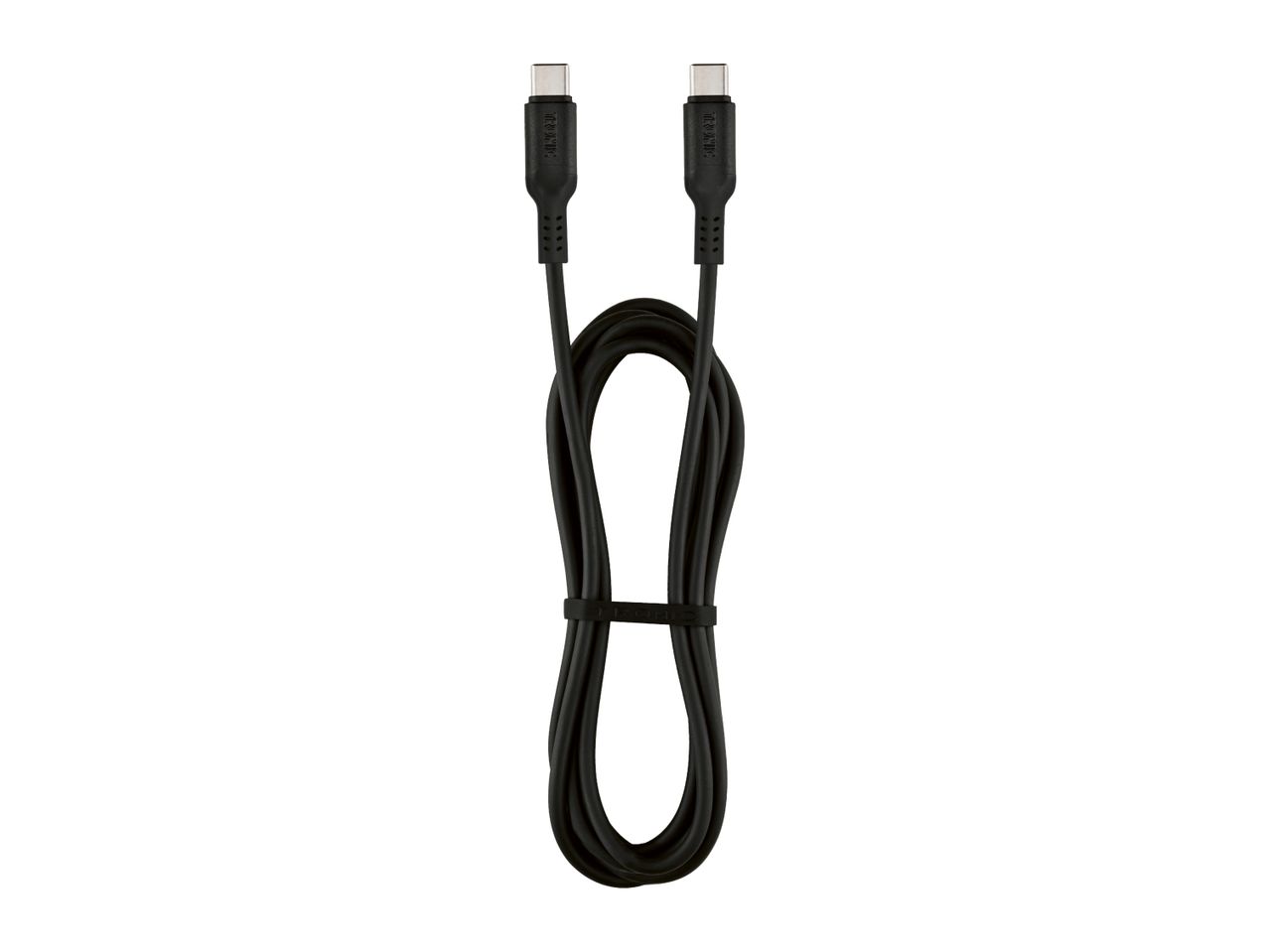 Black USB-C to USB-C cable, coiled and secured with a strap