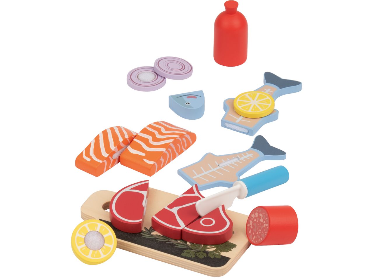 Дървен комплект за игра с храна, включващ месо, риба, колбас, лук и лимон.