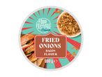Round label for fried onions with bacon flavor, featuring a burger and a bowl of onions.