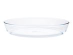 A clear glass oval baking dish.
