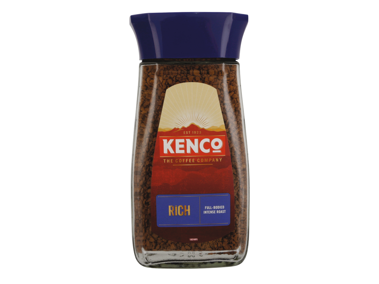 A jar of instant coffee with a blue lid and a label featuring a sunrise and mountains.