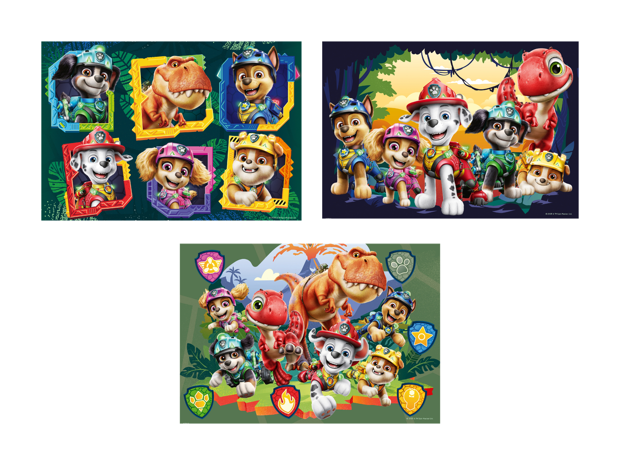 Paw Patrol-hunde og dinosaurer i junglen, i rammer og som gruppe.