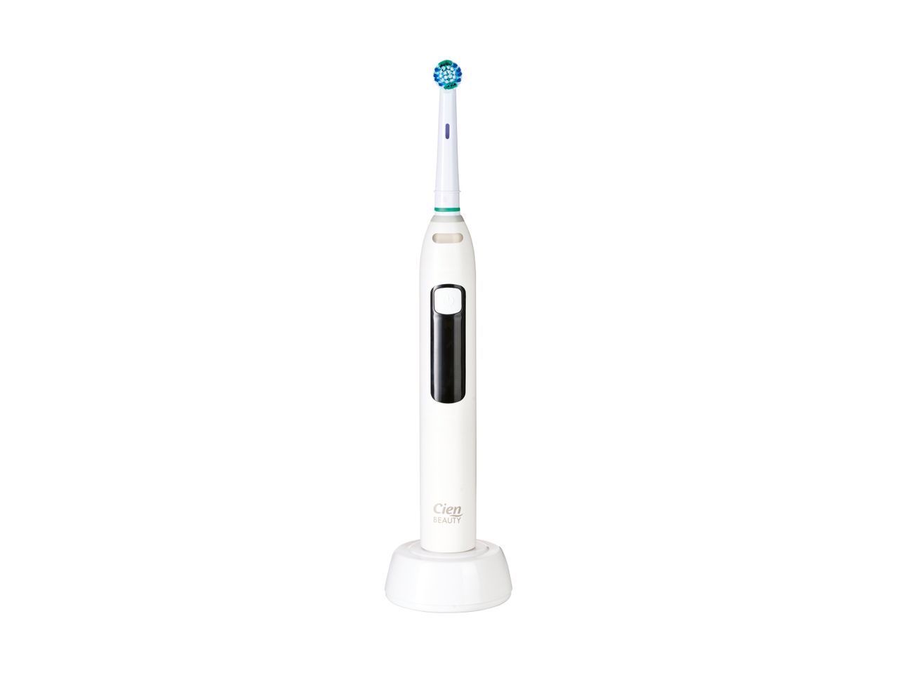 White electric toothbrush with a blue and green brush head on a charging base.