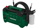 PARKSIDE Silent pressure washer in green and black, with hose and soap dispenser.